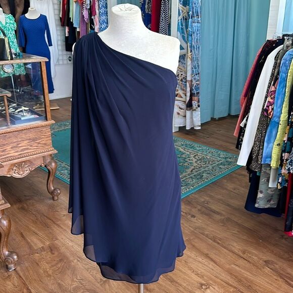 Ralph Lauren Navy One Shoulder Chiffon Cocktail Dress Size 8 - Picture 1 of 13